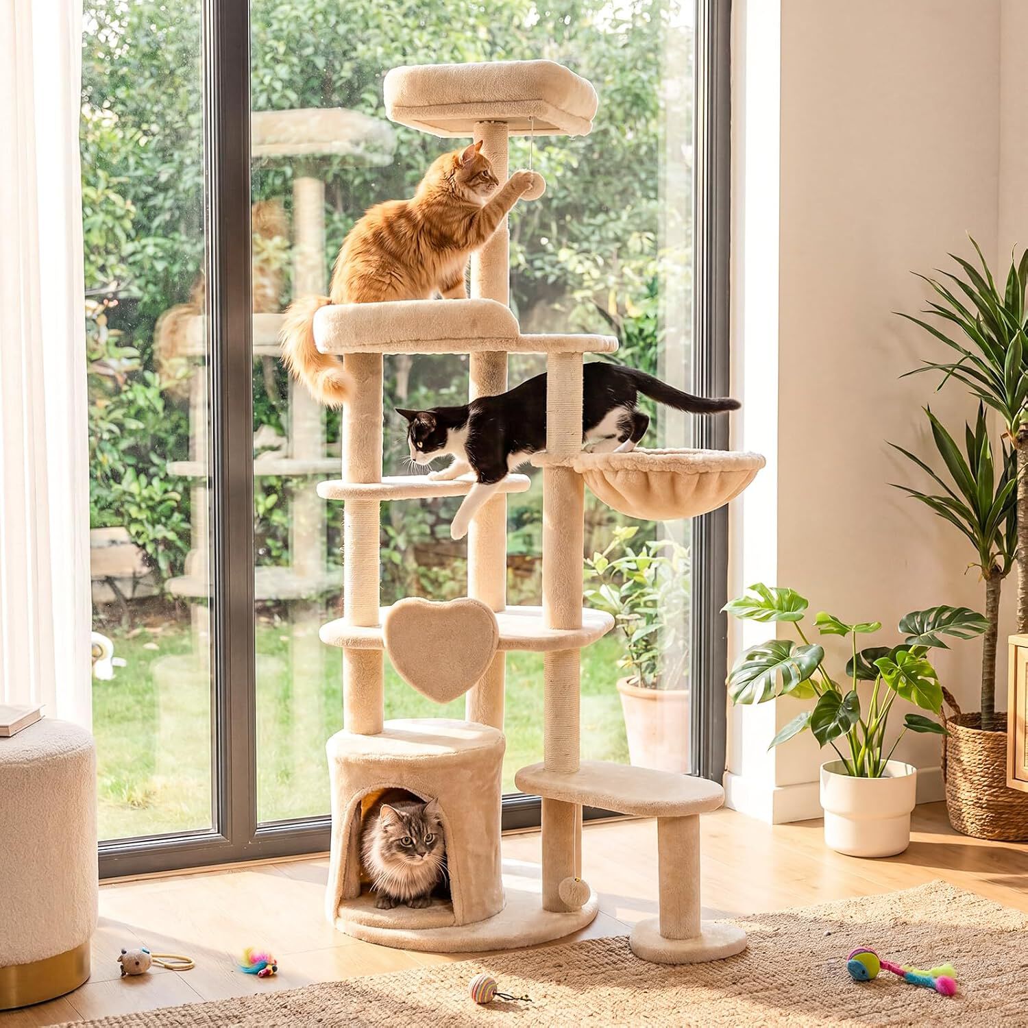COSTWAY 149 cm Gran &Aacute;rbol Rascador para Gatos con M&uacute;ltiples Niveles | Torre de Juegos con Postes Rascadores de Sisal, Casita, Cesta, Perchas y Juguetes, Centro de Actividades para 2-3 Gatitos, , large Imagen numero 2