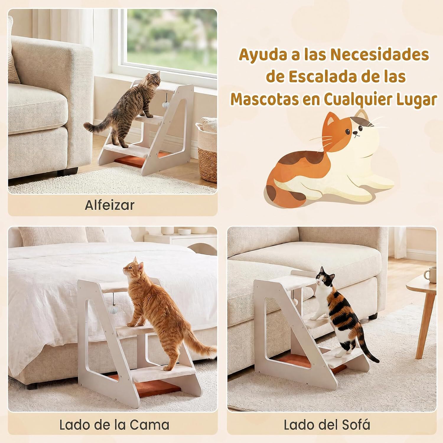 COSTWAY Escalera para Perros y Gatos de 3 Niveles con Pana Antideslizante | Rampa para Perros con Cama Acogedora y Juguete Colgante con Cascabel, Escalones para Mascotas, Acceso al Sof&aacute;, Cama, Ventana, , large Imagen numero 4