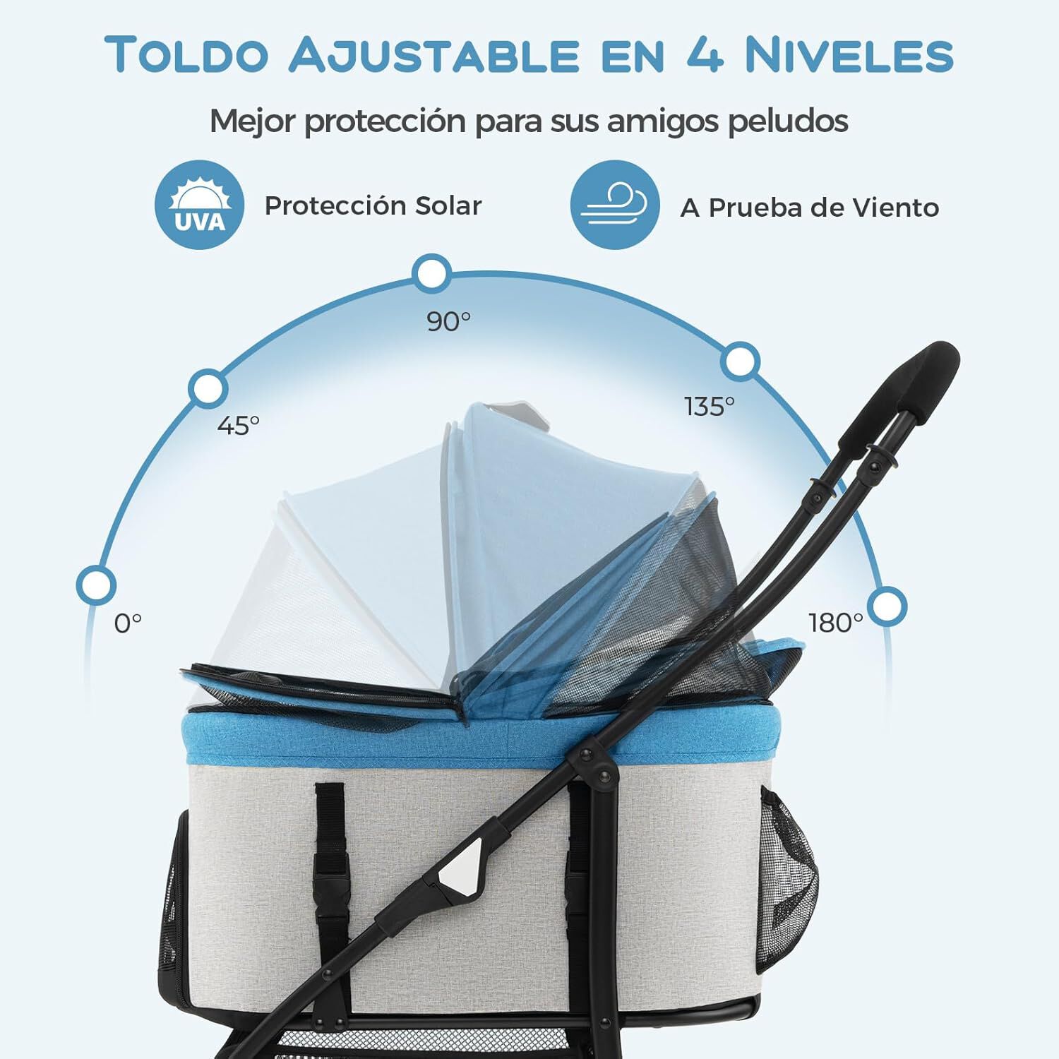 COSTWAY 3 en 1 Cochecito para Mascotas Plegable, Cochecito de Mascotas con Toldo Ajustable de 4 Niveles y Cesta de Almacenamiento, Carrito para Gatos con Porta Asiento de Coche Extra&iacute;ble (azul), , large Imagen numero 5