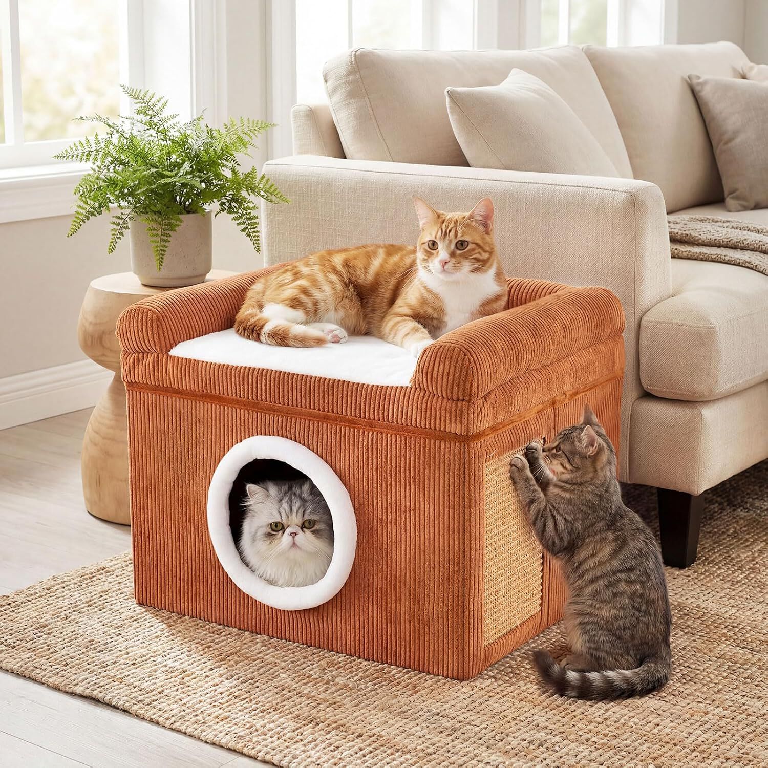 COSTWAY Camas para Gatos de Interior, Gran Cueva para Gatos con Acogedor Condominio, Alfombrilla Rascadora de Sisal, Coj&iacute;n Suave, Base Antideslizante, Casa Plegable Mascotas, Carga 15 kg (Marr&oacute;n), , large Imagen numero 2
