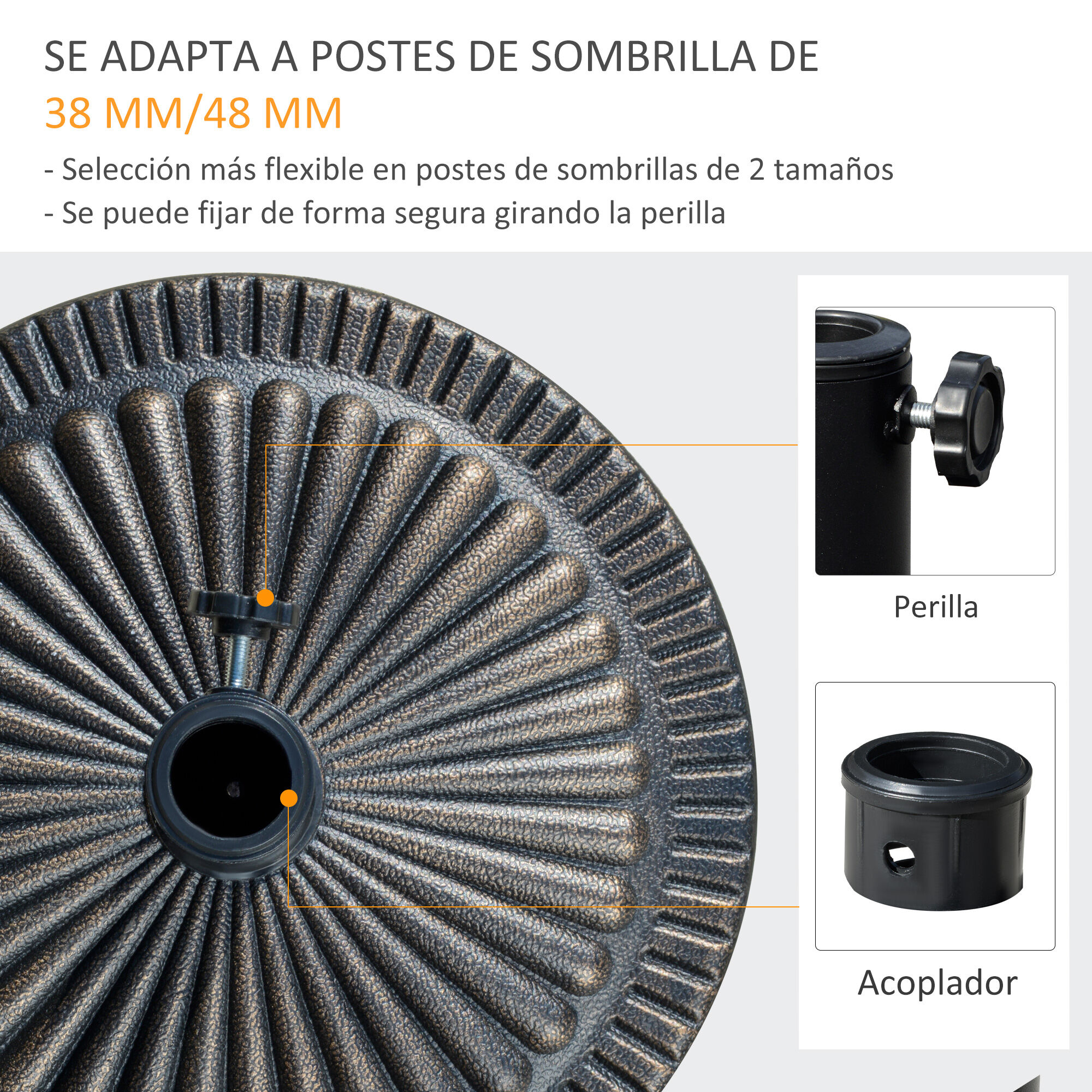 Outsunny Base de Sombrilla de Jard&iacute;n Peso Neto 14,28 kg Soporte de Parasol Redondo Apto para Postes de 38mm/48mm Resina y Acero para Terraza Patio Exterior &Oslash;48,5x33 cm Bronce, , large Imagen numero 4