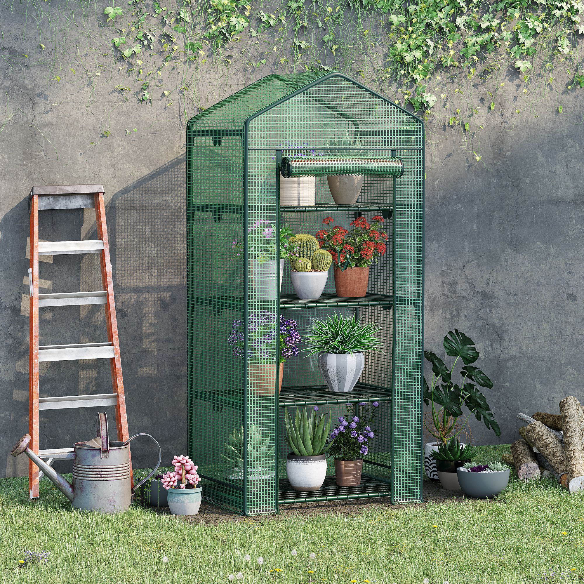 Outsunny Invernadero de Terraza con 4 Estantes de Alambre y Puerta Enrollable Invernadero de Jardiner&iacute;a para Macetas Plantas Flores Jard&iacute;n Exterior 69x49x158 cm Verde, , large Imagen numero 2