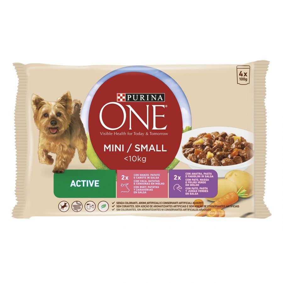 4 sobres x 100 g Purina One Mini Active Buey y Pato sobre en salsa para perros , , large Imagen numero 1
