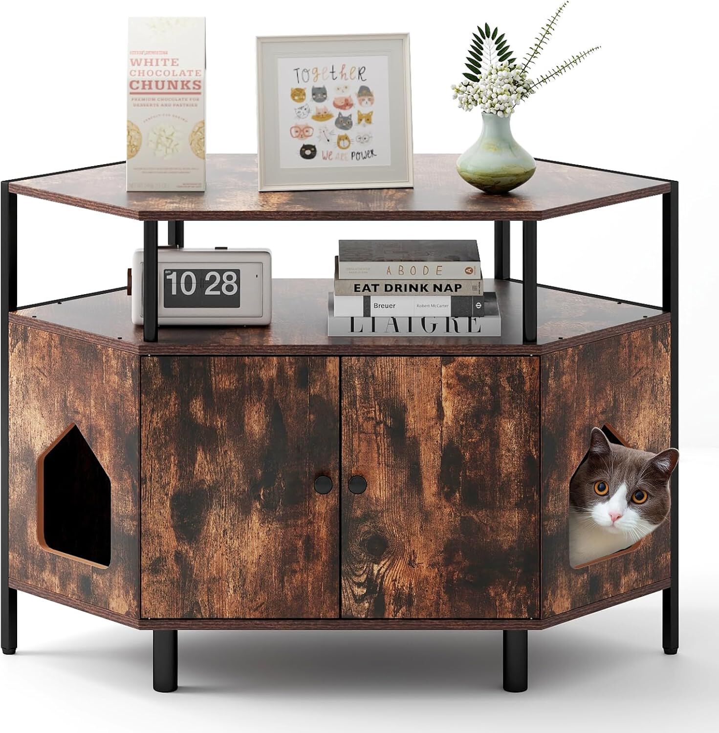 COSTWAY Mueble Arenero para Gatos, Casa Esquinera para Gatos de Madera con Estante Abierto, 2 Puertas, 2 Entradas y Patas de Metal, Casa de Ba&ntilde;o para Mascota, 105 x 50 x 73 cm (Marr&oacute;n), , large Imagen numero 1