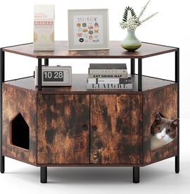 COSTWAY Mueble Arenero Esquinero de Madera con Estante Abierto y 2 Puertas para gatos
