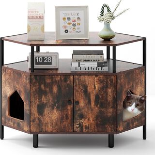 COSTWAY Mueble Arenero Esquinero de Madera con Estante Abierto y 2 Puertas para gatos