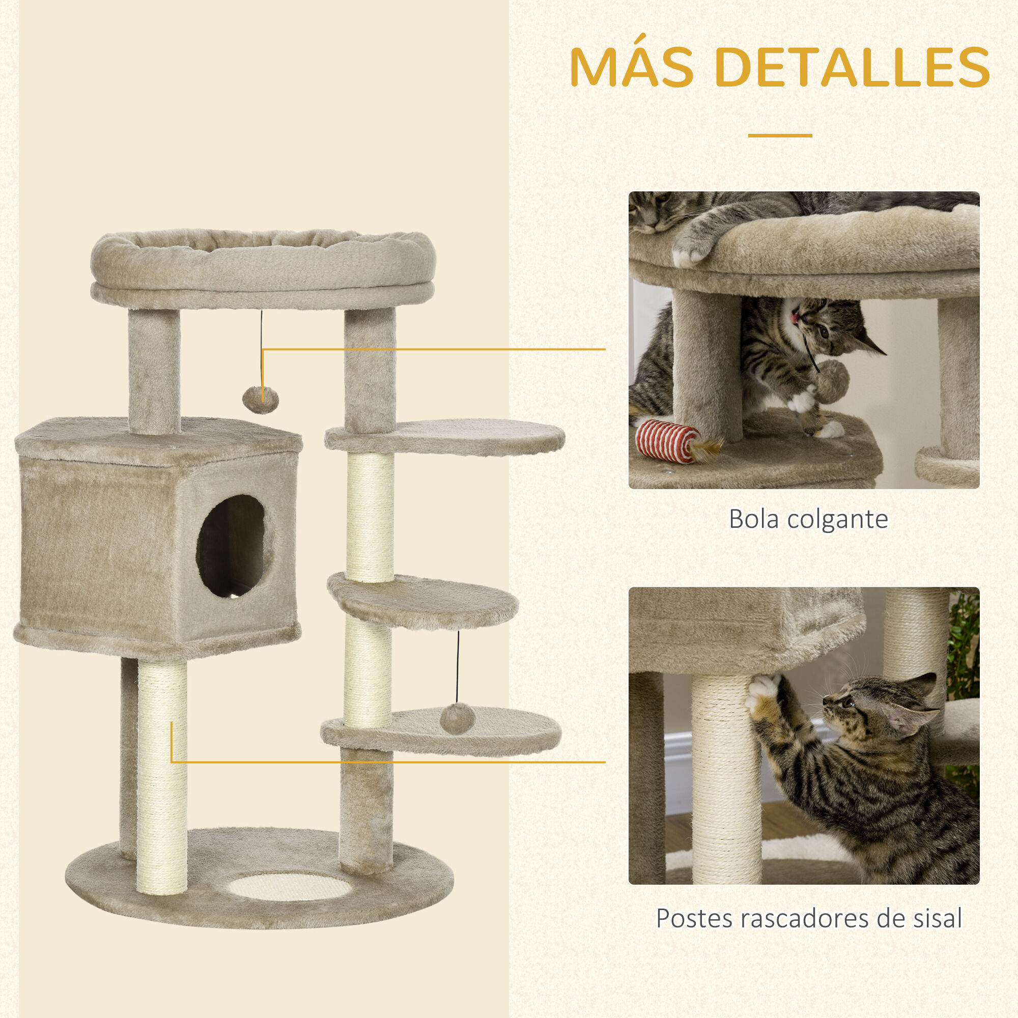 PawHut &Aacute;rbol Rascador para Gatos Peque&ntilde;os Altura 94 cm Torre para Gatos con Cama Superior Cueva 3 Escaleras Bolas Colgantes y Postes de Sisal 55x55x94 cm Marr&oacute;n, , large Imagen numero 5