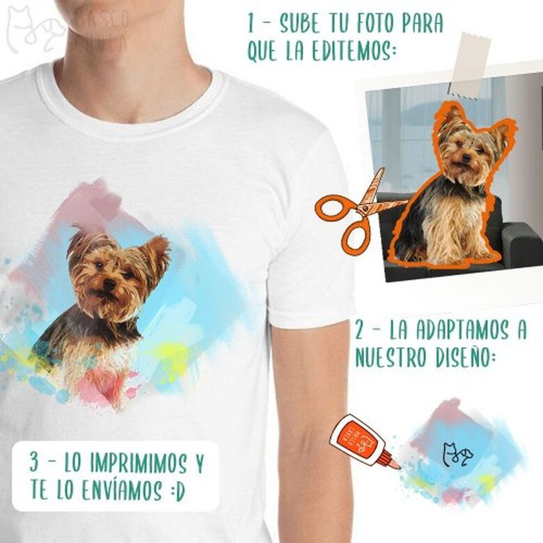 Mascochula camiseta hombre personalizada acuarelas con tu mascota blanco thumbnail