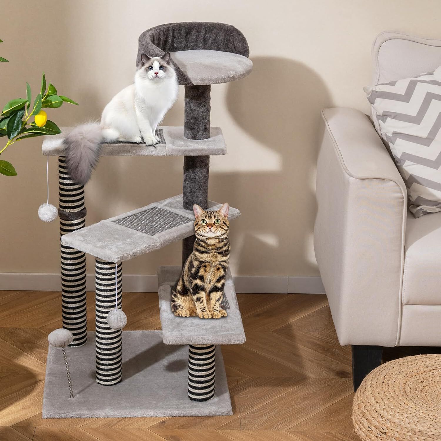 COSTWAY Rascador para Gatos, &Aacute;rbol Rascador para Gatos con 3 Plataformas para Ara&ntilde;ar, Alfombrillas, Repisa Acolchada, Pelotas Colgantes y con Resorte, 49 x 49 x 93 cm, Torre Gato para Escalar, Gris, , large Imagen numero 2