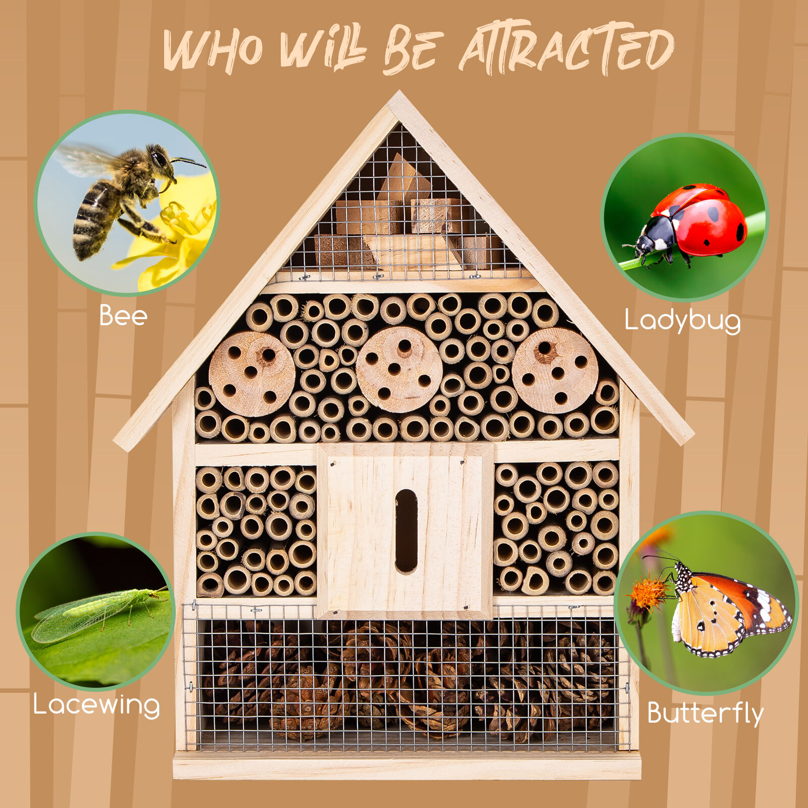 Nobleza - Hotel de Insectos, Casa para Insectos en Madera Natural para Abejas, Observatorio de Insectos, Madera  L - 26*10.5*30.5CM(1), , large Imagen numero 4