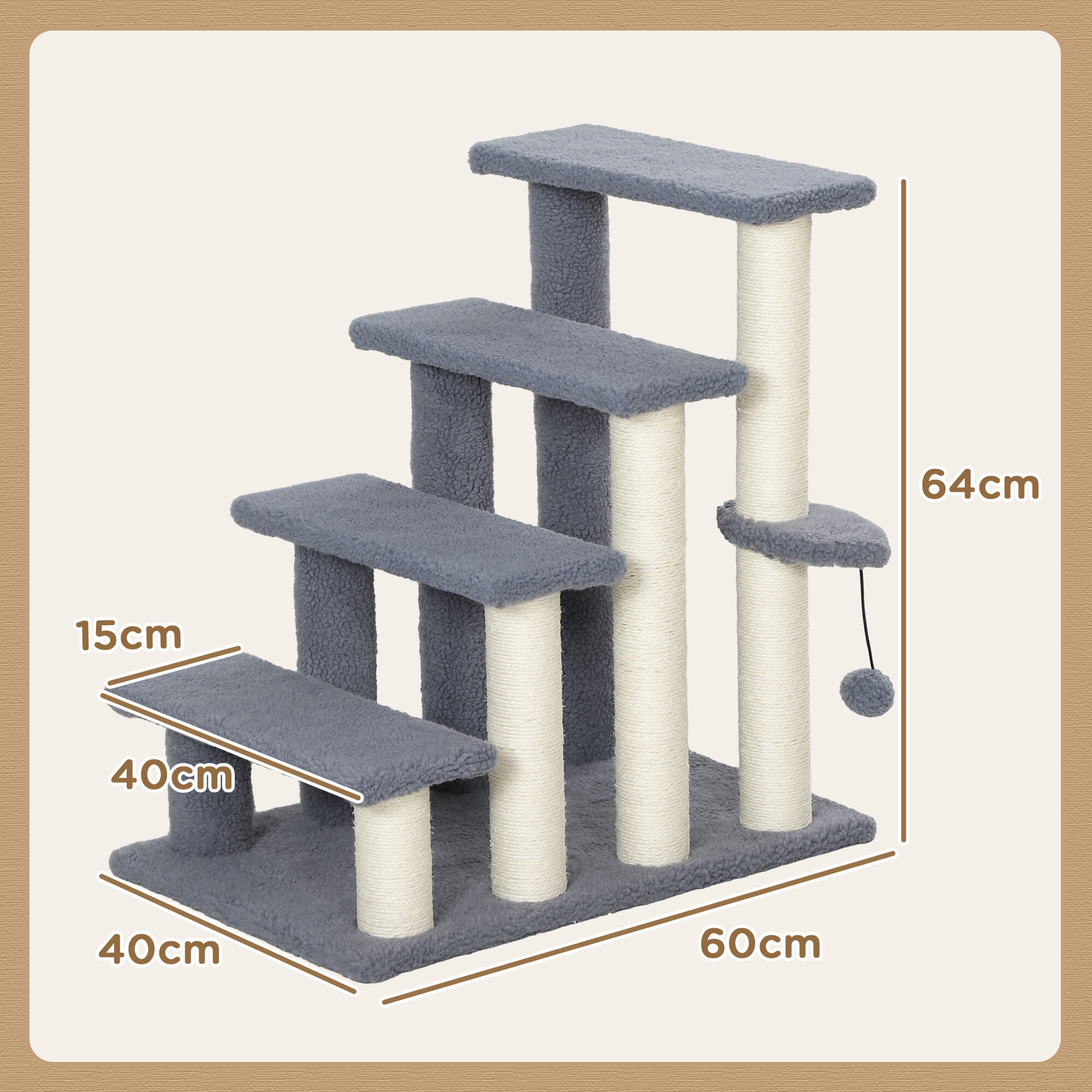 PawHut Escalera para Gatos de 4 Niveles Escalera para Mascotas Cubierto de Suave Felpa Poste de Sisal Bola Colgante &Aacute;rbol Rascador para Gatos 60x40x64 cm Gris, , large Imagen numero 3