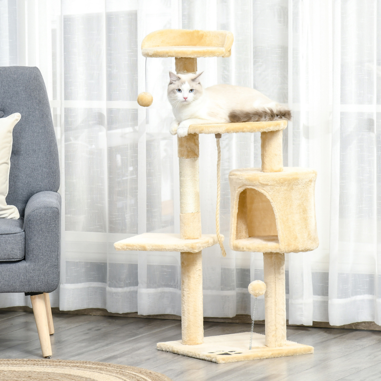 Pawhut &aacute;rbol rascador con plataforma casetas y bolas de juego beige para gatos, , large Imagen numero 2