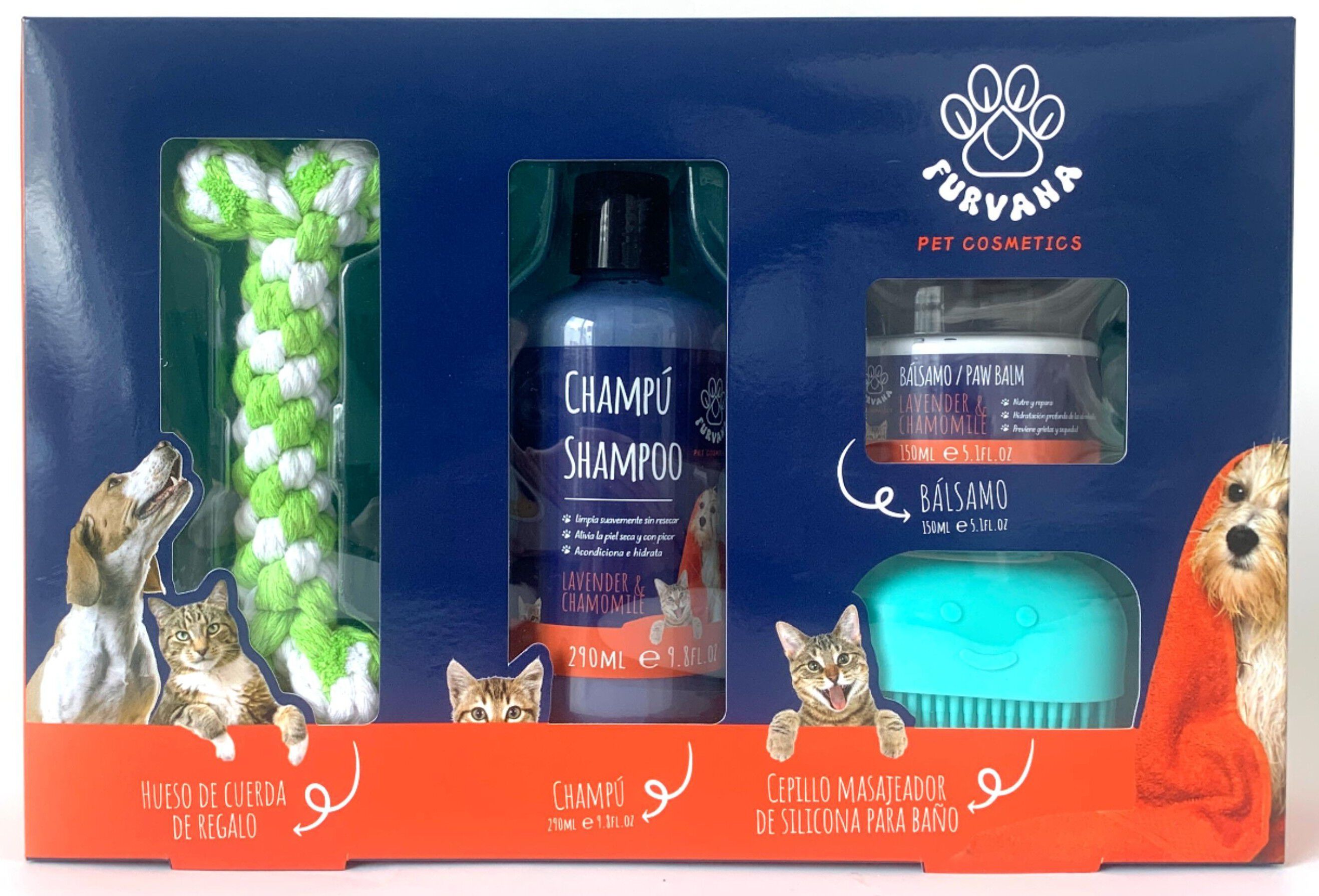 FURVANA Set de Regalo Cepillo + Mordedor para Perro (Champ&uacute; 290 ml + B&aacute;lsamo Almohadillas 150 ml + Cepillo Limpiador + Juguete Mordedor), , large Imagen numero 1