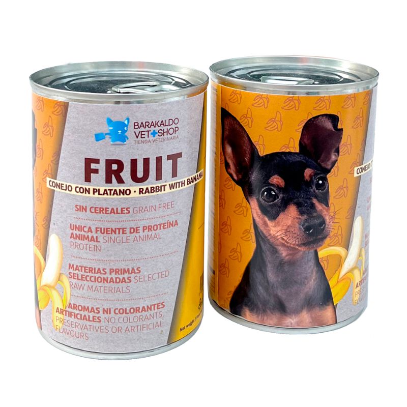 Comida H&uacute;meda para Perros Fruit Grain Free Conejo con Pl&aacute;tano Barakaldo Vet Shop en latas de 400 gr., , large Imagen numero 1