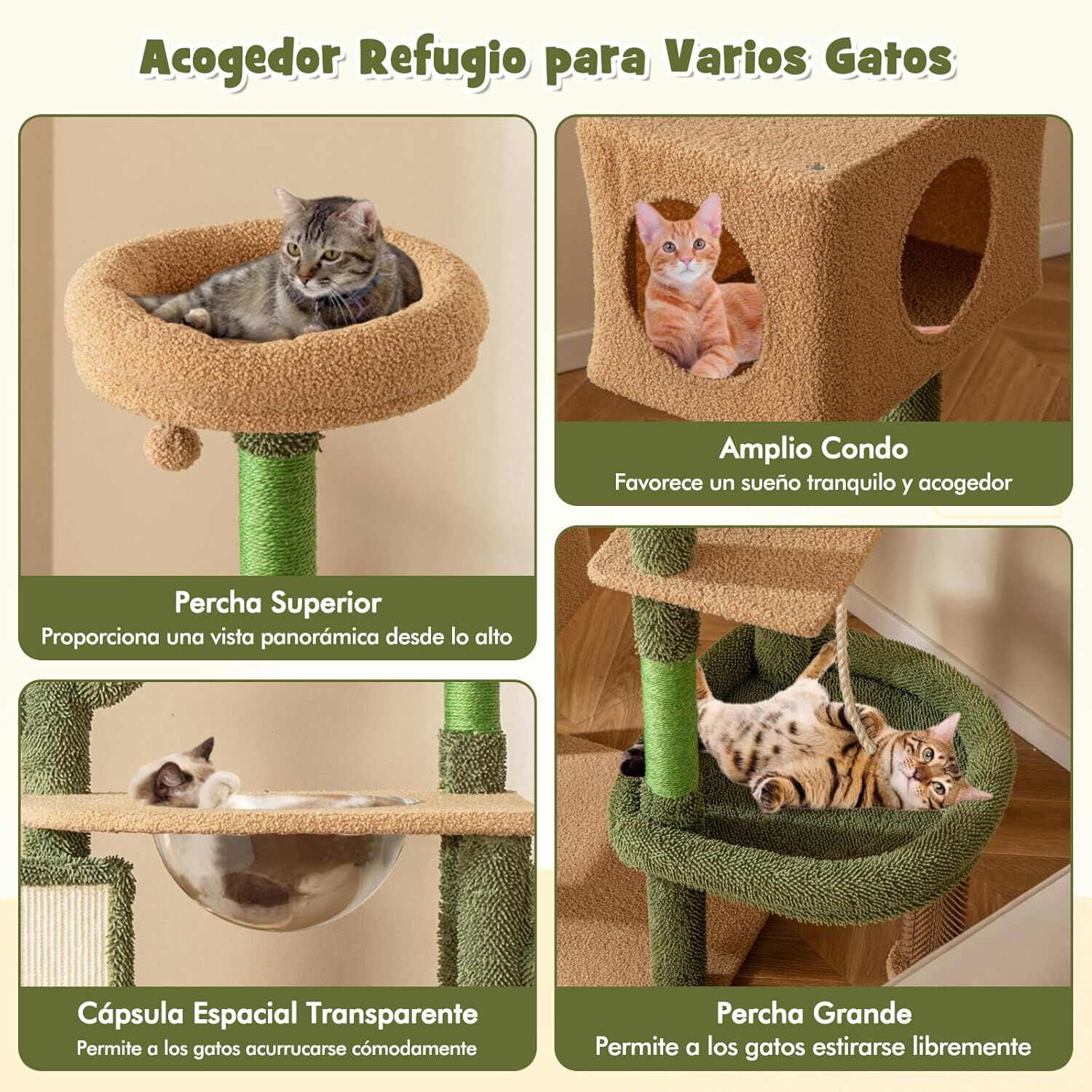 COSTWAY &Aacute;rbol para Gatos, Torre para Gatos con Dise&ntilde;o de Cactus Verde con Condominio, Hamaca, Plataforma, Postes de Rascado de Sisal, Coj&iacute;n Lavable, &Aacute;rbol Rascador para Gatos (77 x 49 x 150 cm), , large Imagen numero 4