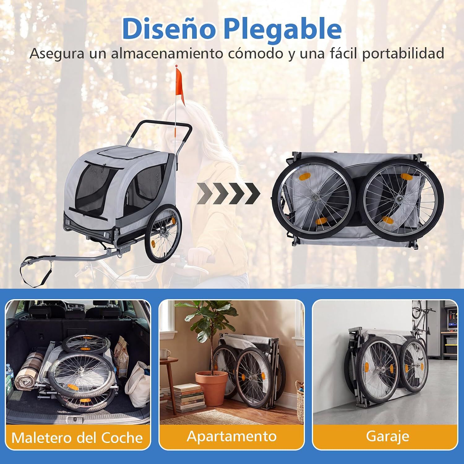 COSTWAY Remolque Bici Perro 2 en 1, Soporta hasta 80 kg, Tejido Oxford 600D, Carro para Perros con Acoplador Universal para Bicicleta, Estructura Plegable con Rueda Delantera Giratoria, Reflectores, , large Imagen numero 5