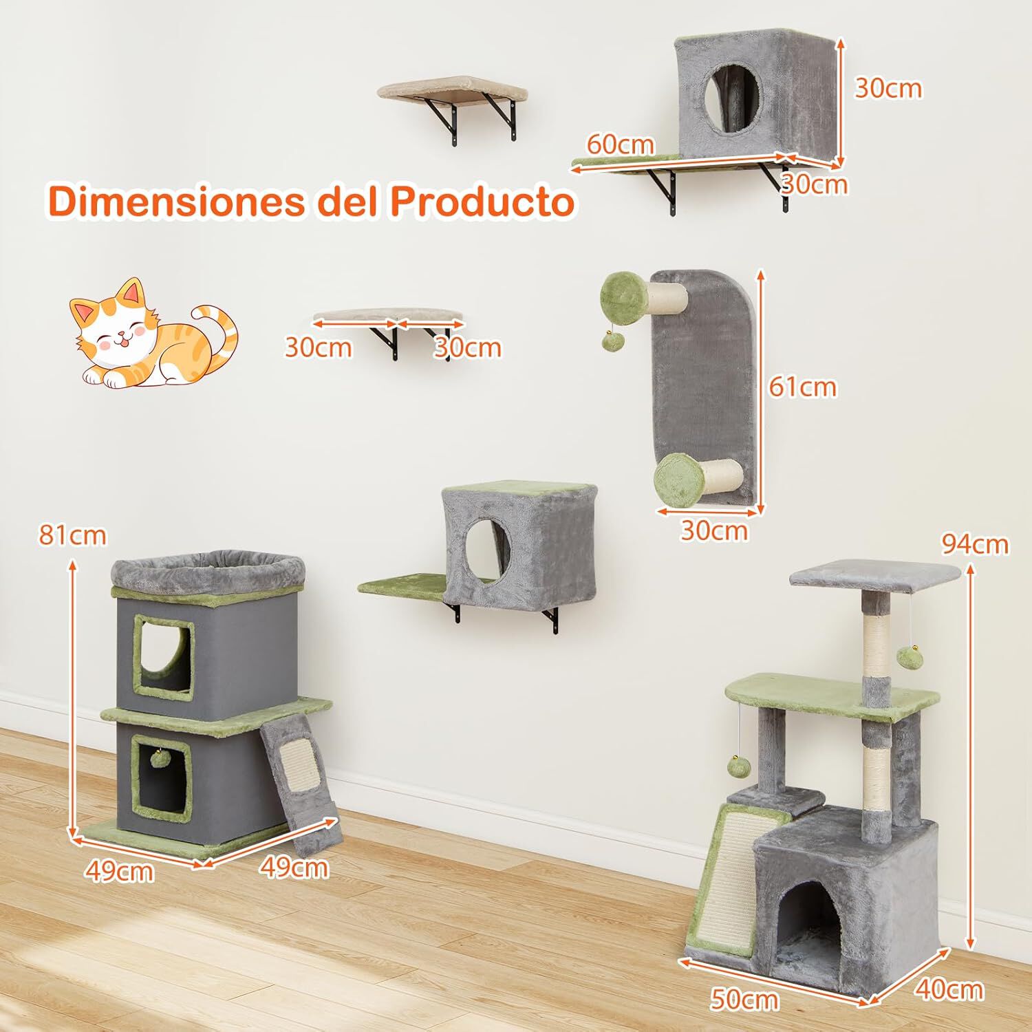 COSTWAY Juego de Muebles para Gatos 3 en 1, &Aacute;rbol para Gatos Grande con M&uacute;ltiples Plataformas, Casas, Cuevas, Postes Rascadores, Juguetes Colgantes, Pared de Escalada para Gato, Tela de Felpa, , large Imagen numero 5
