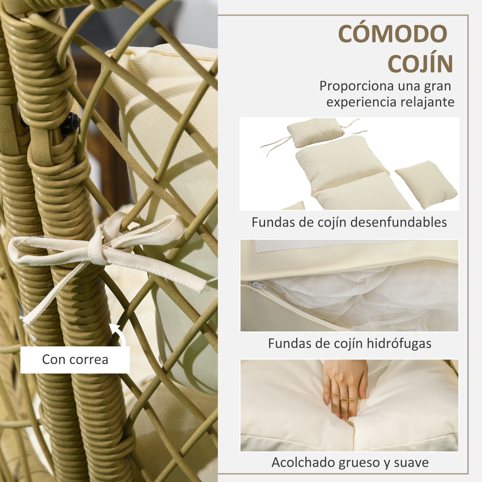 Outsunny Silla de Rat&aacute;n Natural y Crema, , large Imagen numero 5