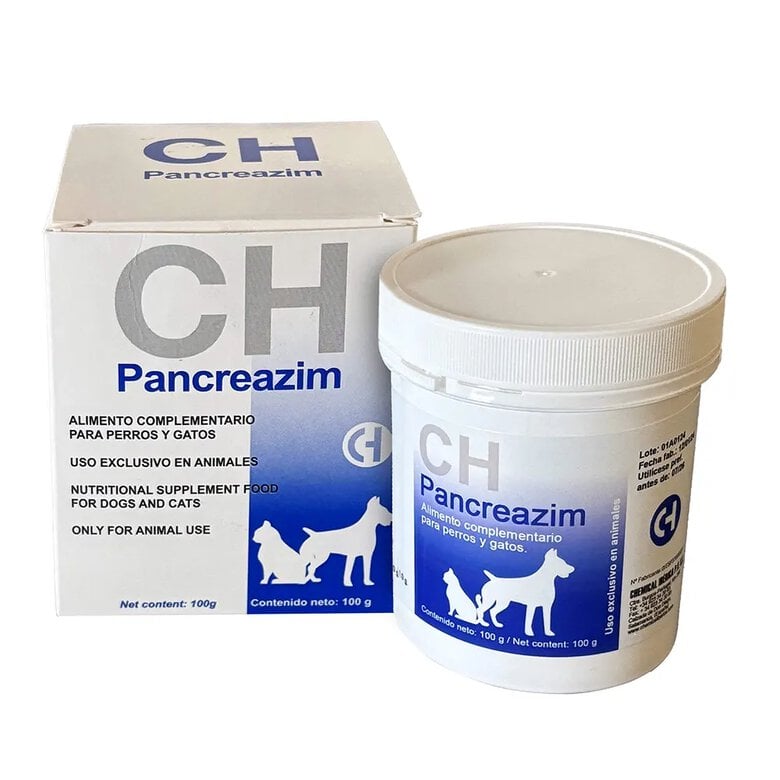 Pancreazim 100 g en polvo suplemento de enzimas pancreáticas utilizado para mejorar la digestión de perros y gatos Chemical Ibérica