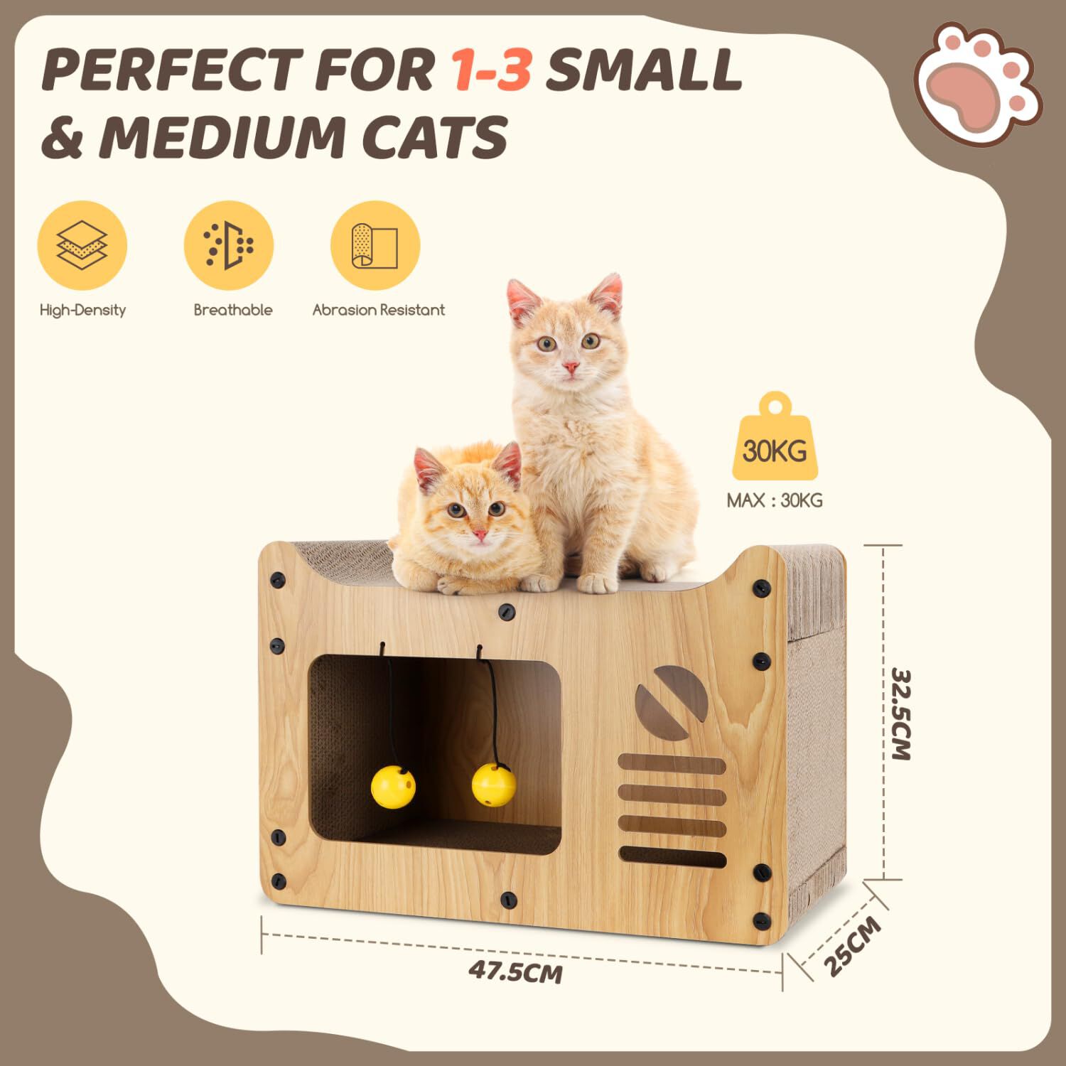 Nobleza Rascador de Cart&oacute;n para Gatos con Juguete de Bola y Catnip, Casa para Gatos Cart&oacute;n Grande, 47,5x25x32,5 cm, , large Imagen numero 2