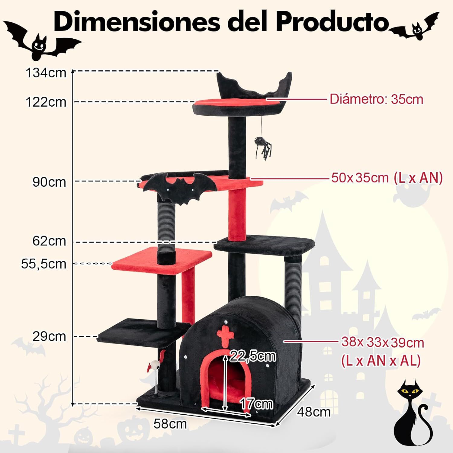 COSTWAY &Aacute;rbol Rascador para Gatos G&oacute;tico, 134 cm Torre para Gatos de 6 Niveles con Cama, Condominio, Postes Rascadores, Pomp&oacute;n y Bola de Resorte, Centro de Actividades para Gatitos de Interior, , large Imagen numero 2