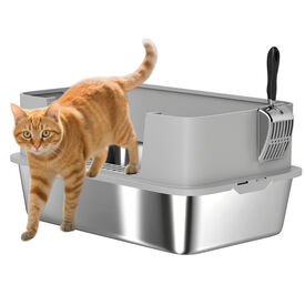 PawHut Arenero para Gatos de Acero Inoxidable XL Caja de Arena para Gatos Arenero con Borde Alto Pala Fácil de Limpiar Prueba de Fugas 60x40x29,5 cm Gris