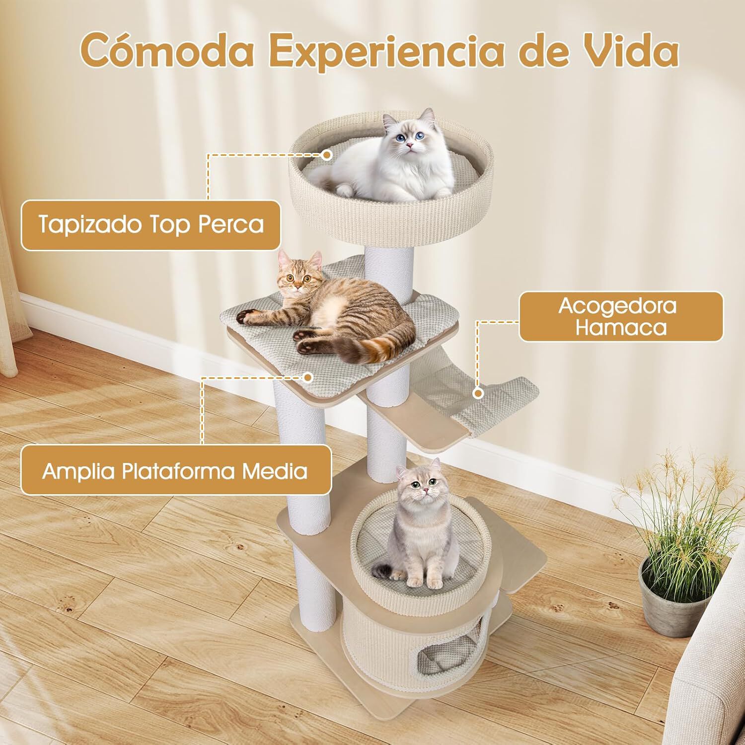 COSTWAY 151 cm &Aacute;rbol Rascador para Gatos, Torre Rascador para Gatitos con Percha Acolchada, Condo de 2 Niveles, Tapetes Desmontables, Poste para Rascar, Hamaca Acogedora, Castillo para Gatos, Blanco, , large Imagen numero 2