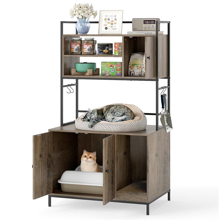 COSTWAY Mueble Arenero para Gatos, 78x51x137 cm, Caja de Arena Grande para Gatos con Estantes de Almacenamiento, Ganchos y Tablero Rascador, Estructura Metálica, Mueble Auxiliar Gato para Salón