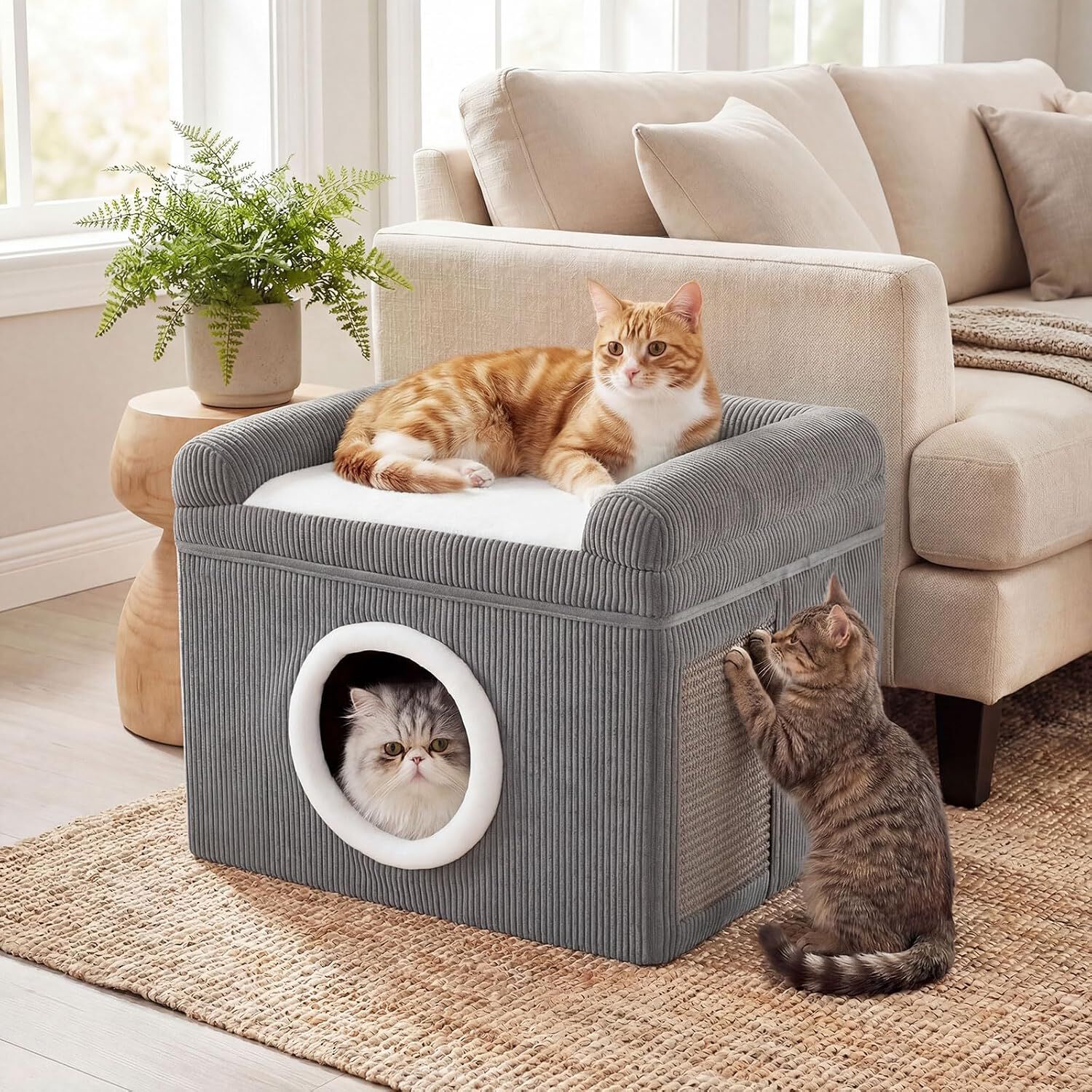 COSTWAY Camas para Gatos de Interior, Gran Cueva para Gatos con Acogedor Condominio, Alfombrilla Rascadora de Sisal, Coj&iacute;n Suave, Base Antideslizante, Casa Plegable Mascotas, Carga 15 kg (Gris), , large Imagen numero 2