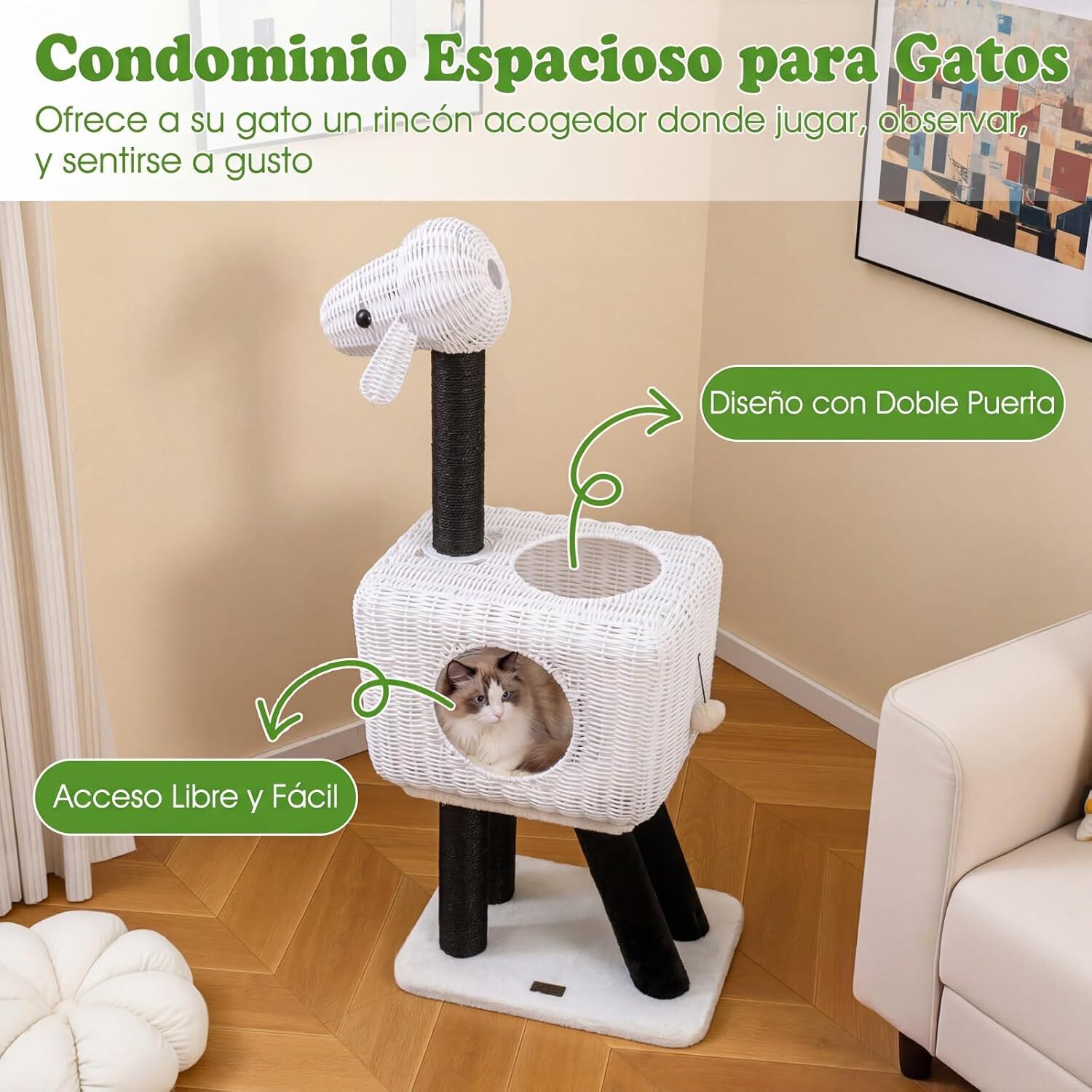 COSTWAY &Aacute;rbol para Gatos de Interior, 110 cm Condominio de Rat&aacute;n PE para Gatitos con Postes Rascadores de Sisal, Coj&iacute;n de Felpa, Bola Colgante y 2 Entradas, Torre en Forma Cordero para Gatos, , large Imagen numero 2