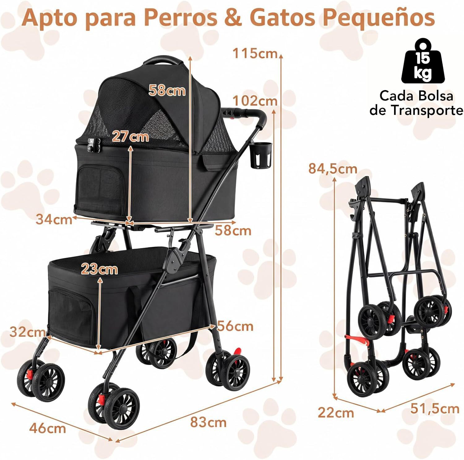 COSTWAY Carrito para Perros Plegable Doble 3 en 1, Cochecito para Perros con 2 Portadores Desmontables, Ruedas con Freno, Malla Transpirable, Portavasos, Carro para Mascotas hasta 15 kg, Negro, , large Imagen numero 5