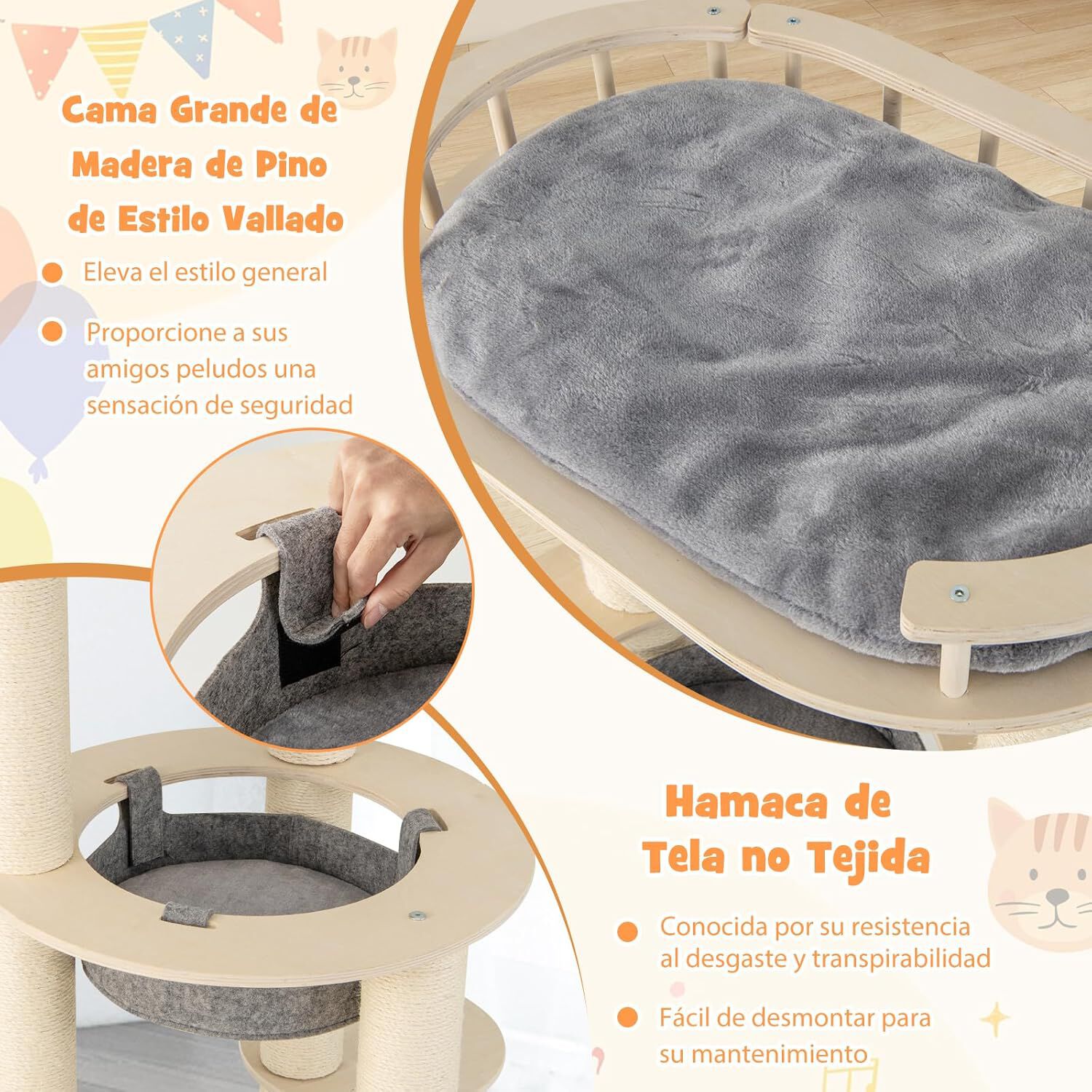 COSTWAY Rascador para Gatos de 150cm, Arbol Rascador para Gatos de 6 Niveles, con Percha Acolchada, Hamaca Colgante, 3 Rascadores para Gatos de Sisal, 4 Plataformas, Gris+Natural, 66x66x150cm, , large Imagen numero 4