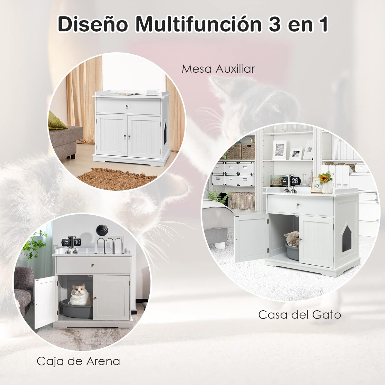 COSTWAY Mueble Cajón y 2 Puertas Blanco para Gatos thumbnail