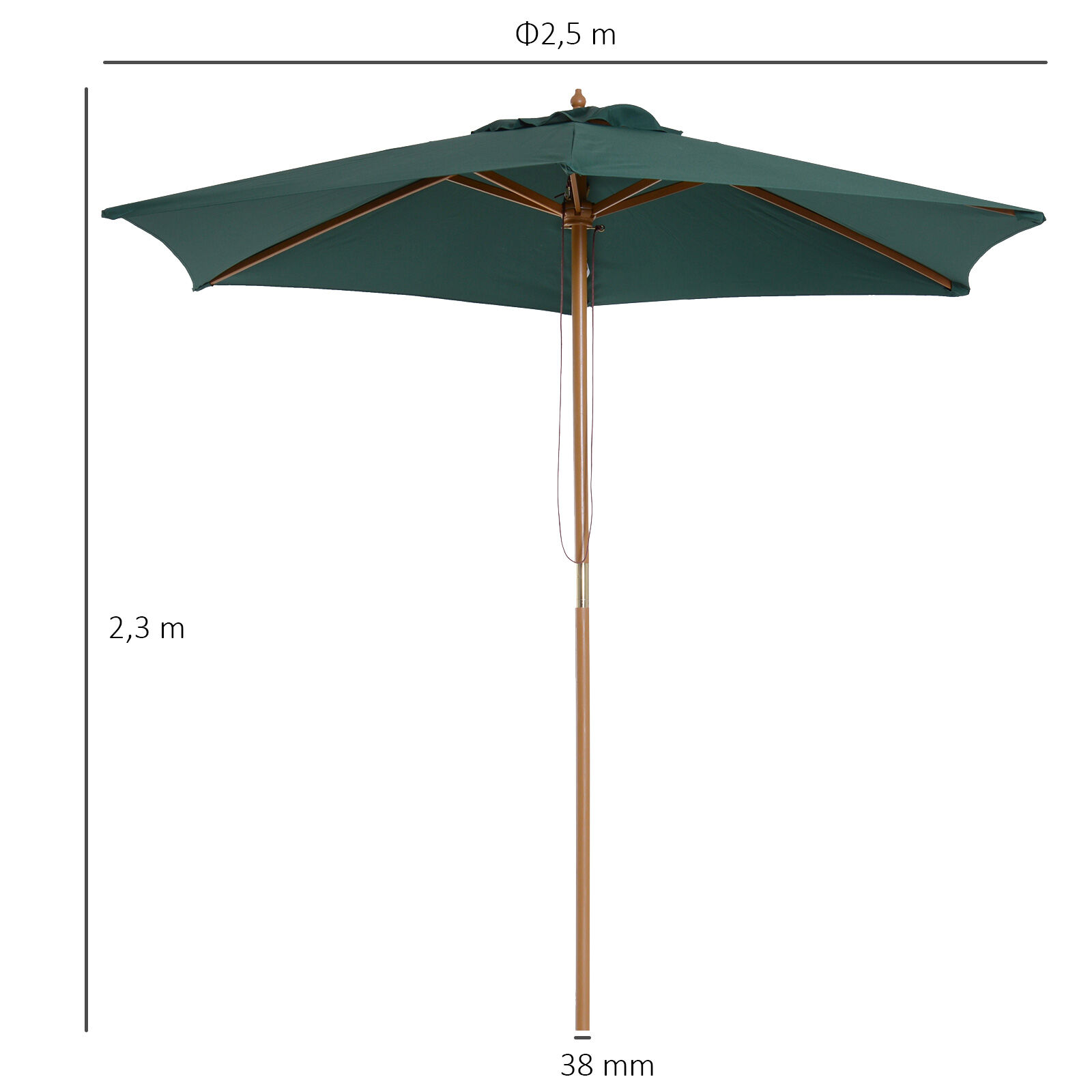 Outsunny Sombrilla de Jard&iacute;n &Oslash;250x230 cm Parasol de Terraza con 6 Varillas Poste Desmontable Anti-UV Impermeable y Marco de Madera para Playa Patio Verde, , large Imagen numero 3