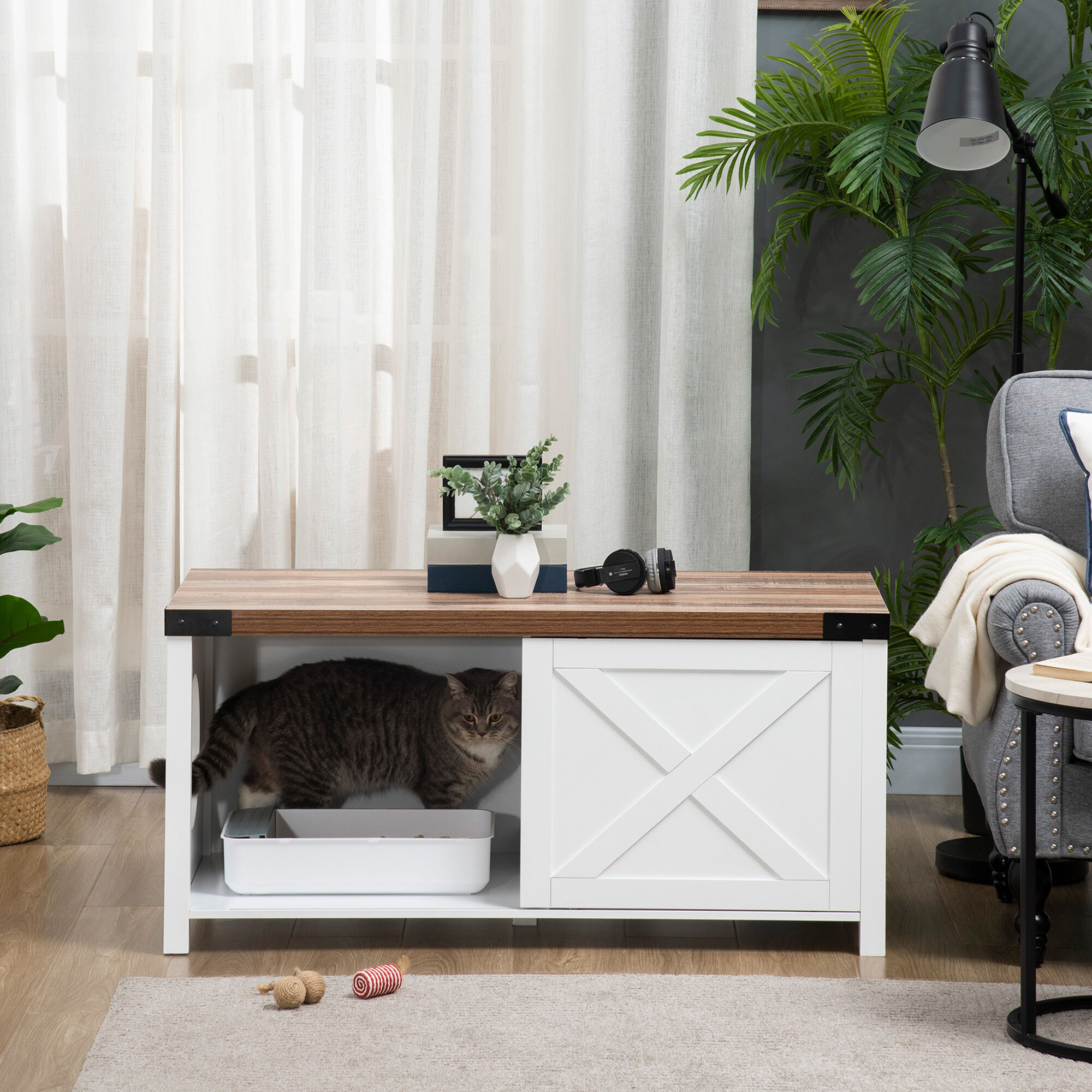 PawHut Mueble Arenero para Gatos Casa para Gatos de Madera 2 en 1 con Armario de Almacenaje Puerta Corredera y Estante Interior 109x51x52 cm Blanco, , large Imagen numero 2