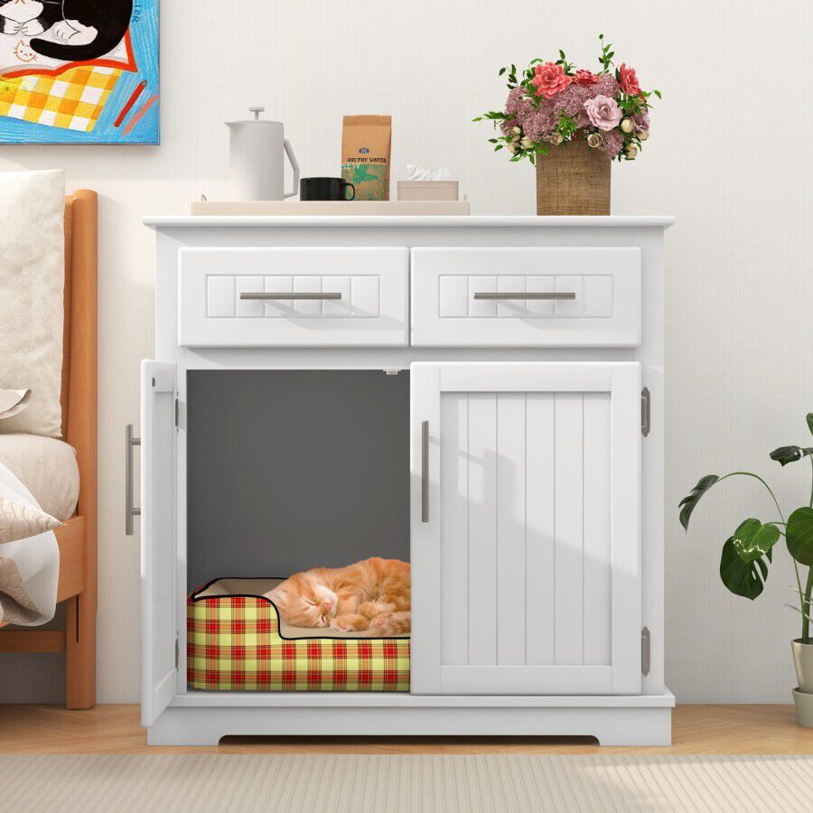 COSTWAY Caja de Arena para Gatos con Enclosure Oculto, Mueble de Madera para Mascotas con 2 Cajones, Puertas Dobles, Dispositivos Antivuelco, Mueble Moderno para Gatos con Almacenamiento para Gatos, , large Imagen numero 4