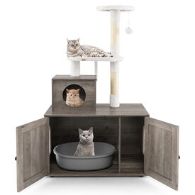 COSTWAY 3 en 1 Rascador para Gatos, Árbol para Gatos con Nido y Caja de Arena, Árbol Estable para Gatos de 3 Niveles con 2 Postes de sisal, 2 Plataformas y Juguete Colgante para Gatos (Gris Oscuro)