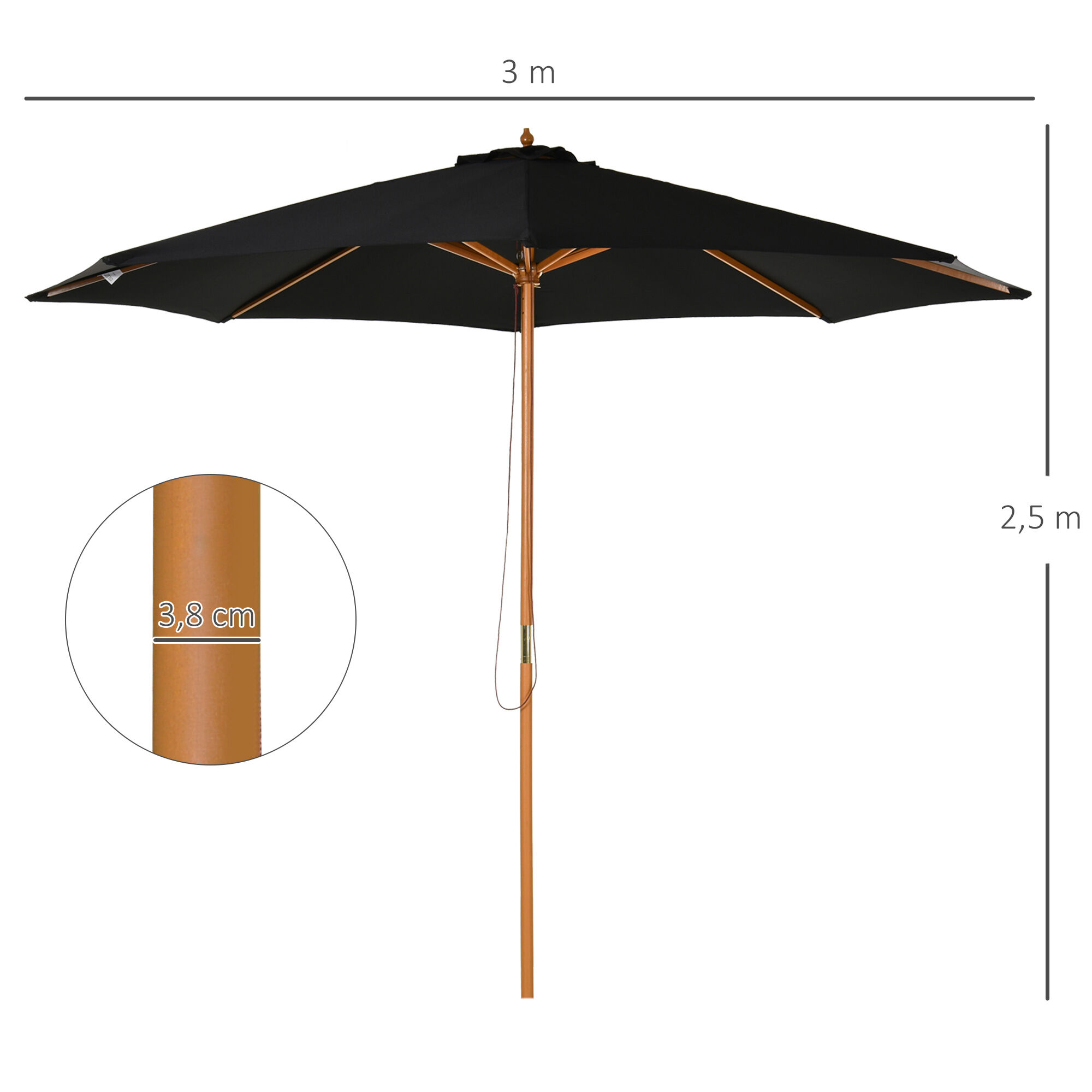Outsunny Sombrilla Parasol de Jard&iacute;n &Oslash;300x250 cm con Sistema de Pestillo de Fijaci&oacute;n Techo Ventilado y Poste Desmontable de Madera para Terraza Patio Exterior Negro, , large Imagen numero 3