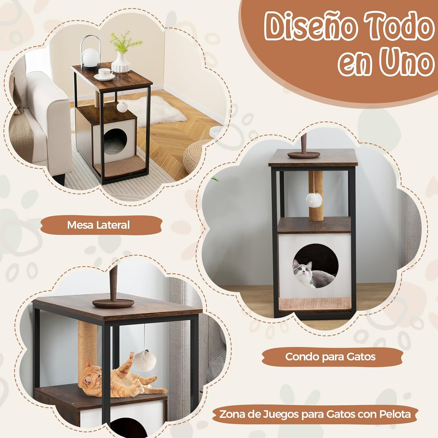 COSTWAY Mesa Auxiliar con Casa para Gatos y Tapete Rascador Extraíble thumbnail