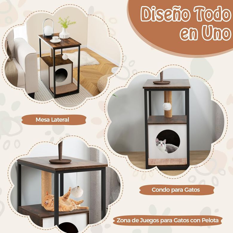 COSTWAY Mesa Auxiliar con Casa para Gatos y Tapete Rascador Extraíble thumbnail