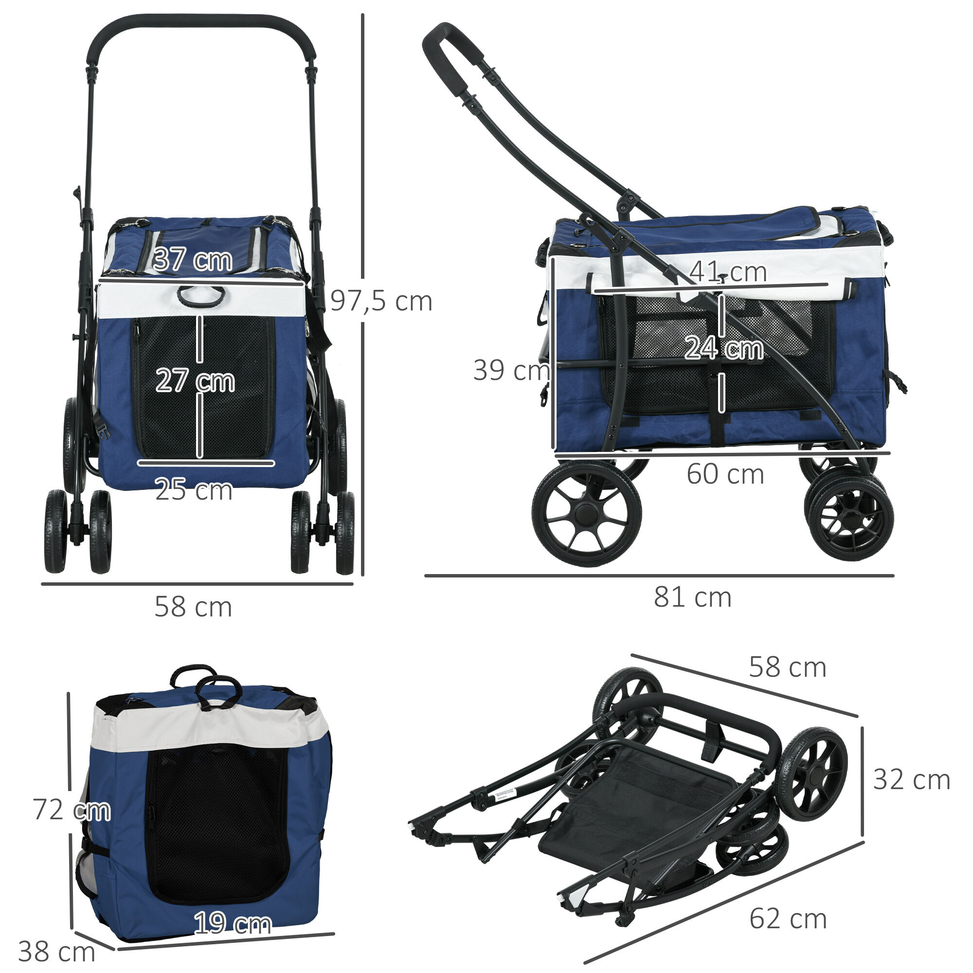 PawHut Carrito para Perros Cochecito para Perros Plegable con Vag&oacute;n Desmontable 4 Puertas con Cremallera 2 Correas de Seguridad 2 Correa de Transporte y Coj&iacute;n Azul, , large Imagen numero 3