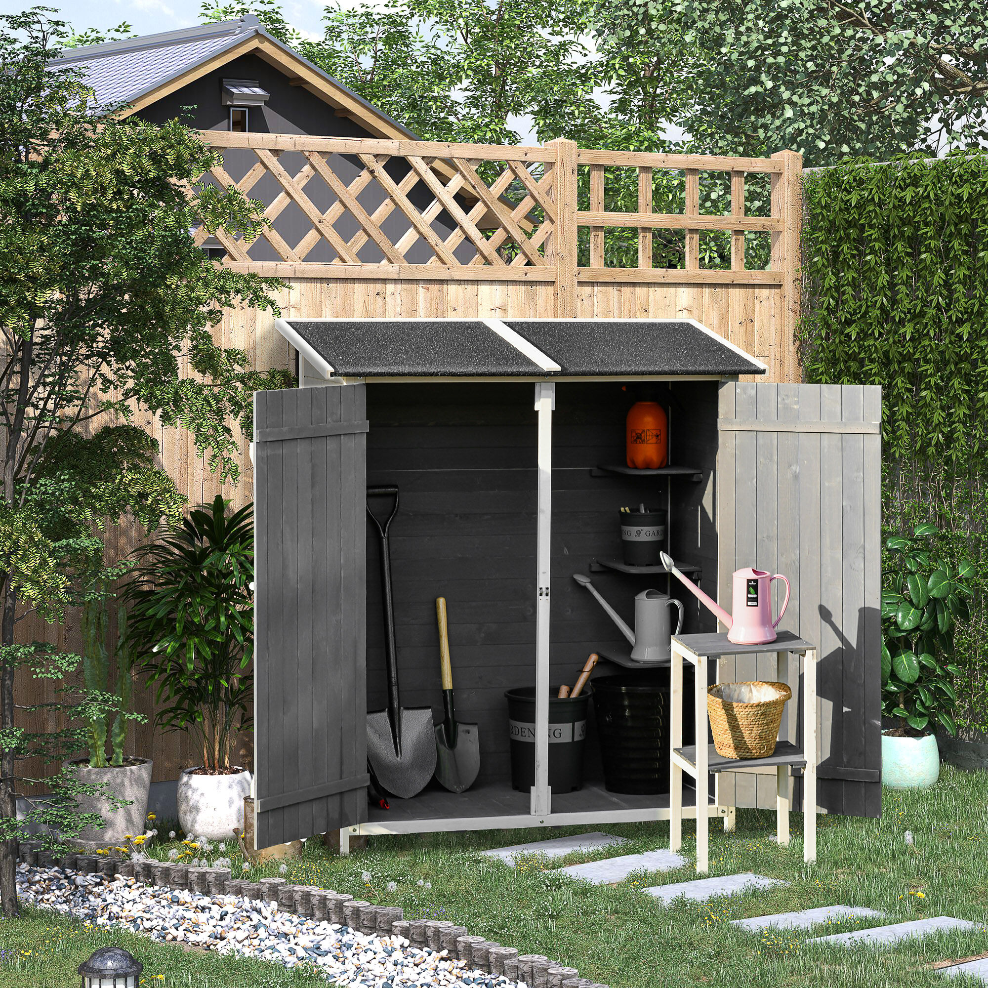 Outsunny Caseta de Jard&iacute;n de Madera 139x75x160 cm Cobertizo para Almacenaje de Herramientas con Estanter&iacute;a Movible Puertas con Cerrojo Techo Asf&aacute;ltico Gris, , large Imagen numero 2