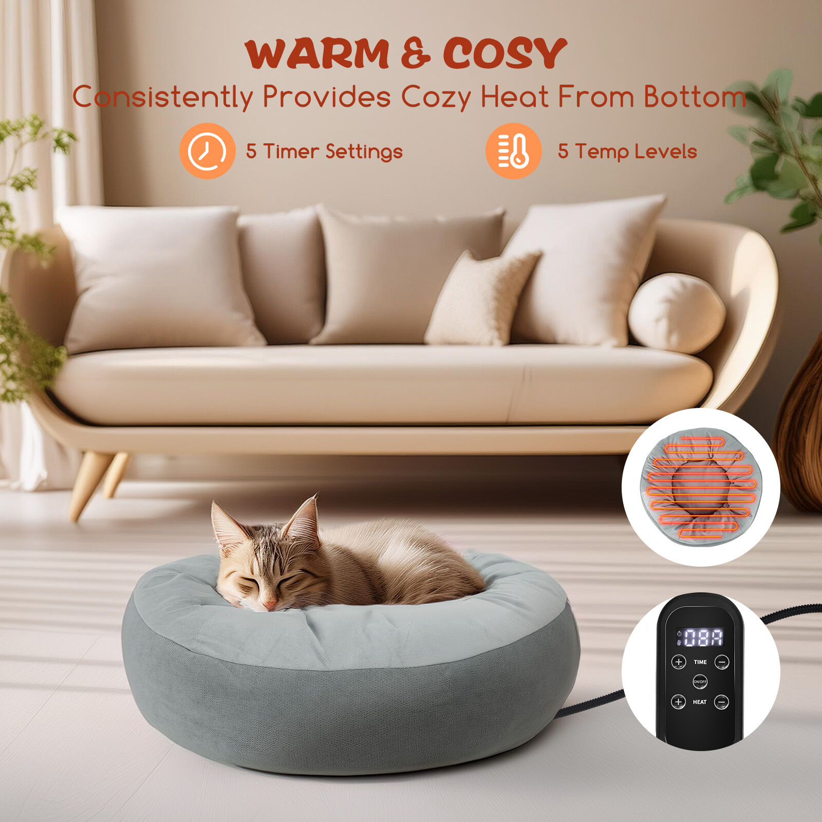 Nobleza Cama Redonda gris con Calefaccion para Gatos thumbnail