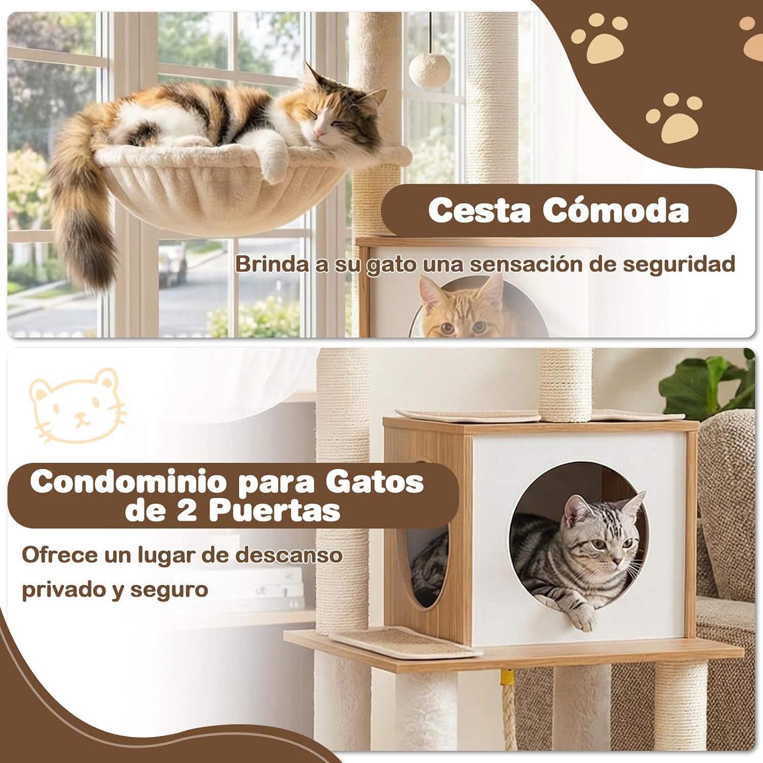 COSTWAY Mueble Rascador para Gatos, 148 cm &Aacute;rbol Rascador para Gatos con Postes Rascadores de Sisal, Condominio, Percha, Cesta, Juguete, Cojines Lavables, Gran Torre de Madera Multinivel para Gatitos, , large Imagen numero 3