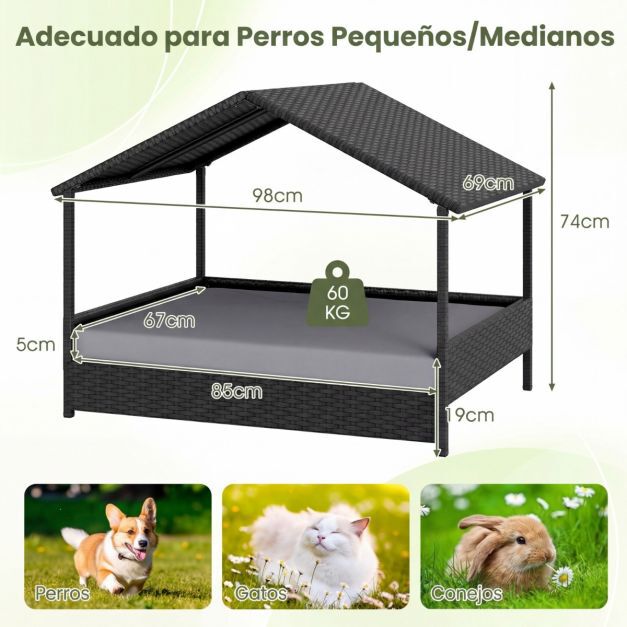 COSTWAY Caseta para Perros Exterior e Interior, Casa Perro de Rat&aacute;n Grande con Dosel, Base Elevada, Coj&iacute;n Removible, Estructura Met&aacute;lica, Cama Elevada para Mascotas, Carga 60 kg, 98x69x74cm, Gris, , large Imagen numero 3