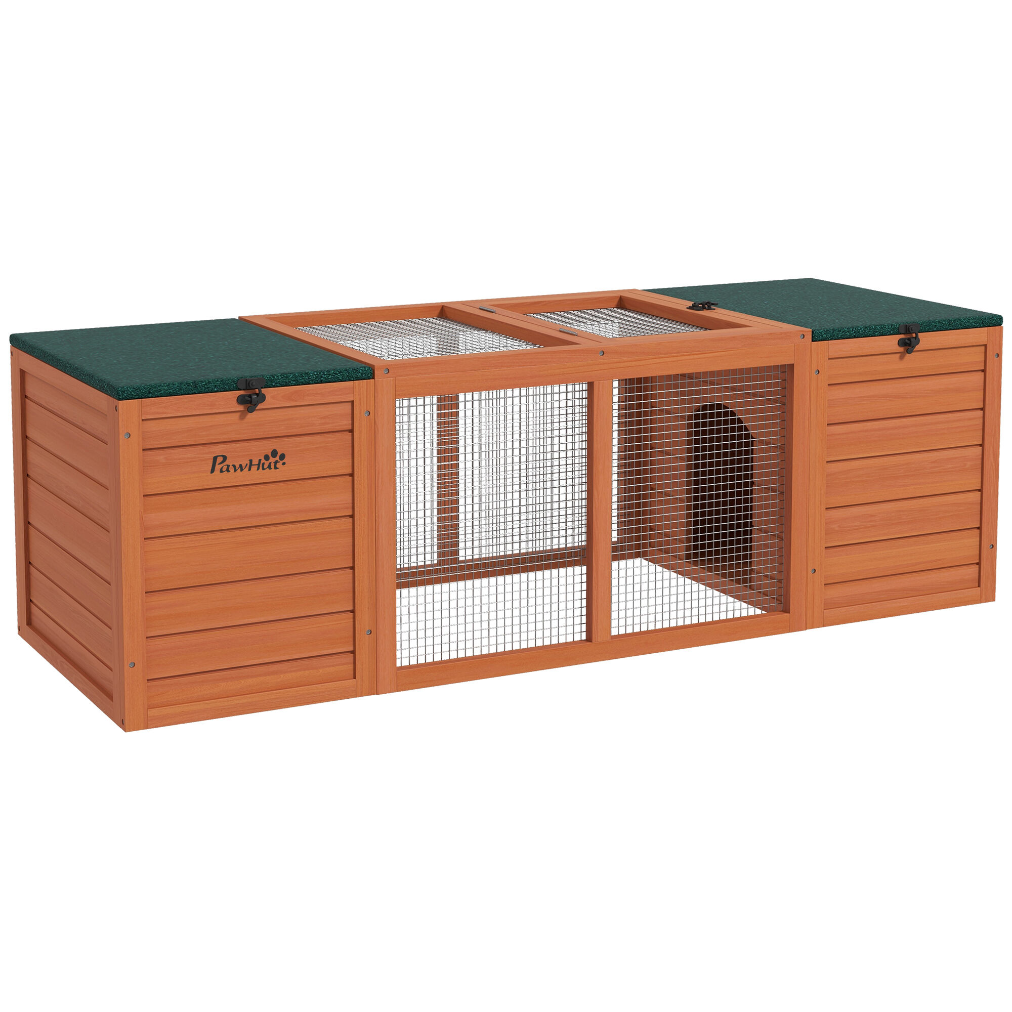 PawHut Conejera de Madera Jaula para Conejo con 2 Nidos 1 Puerta Superior Zona Abierta y Techo Asf&aacute;ltico para Exterior 140x52x46 cm Natural, , large Imagen numero 1