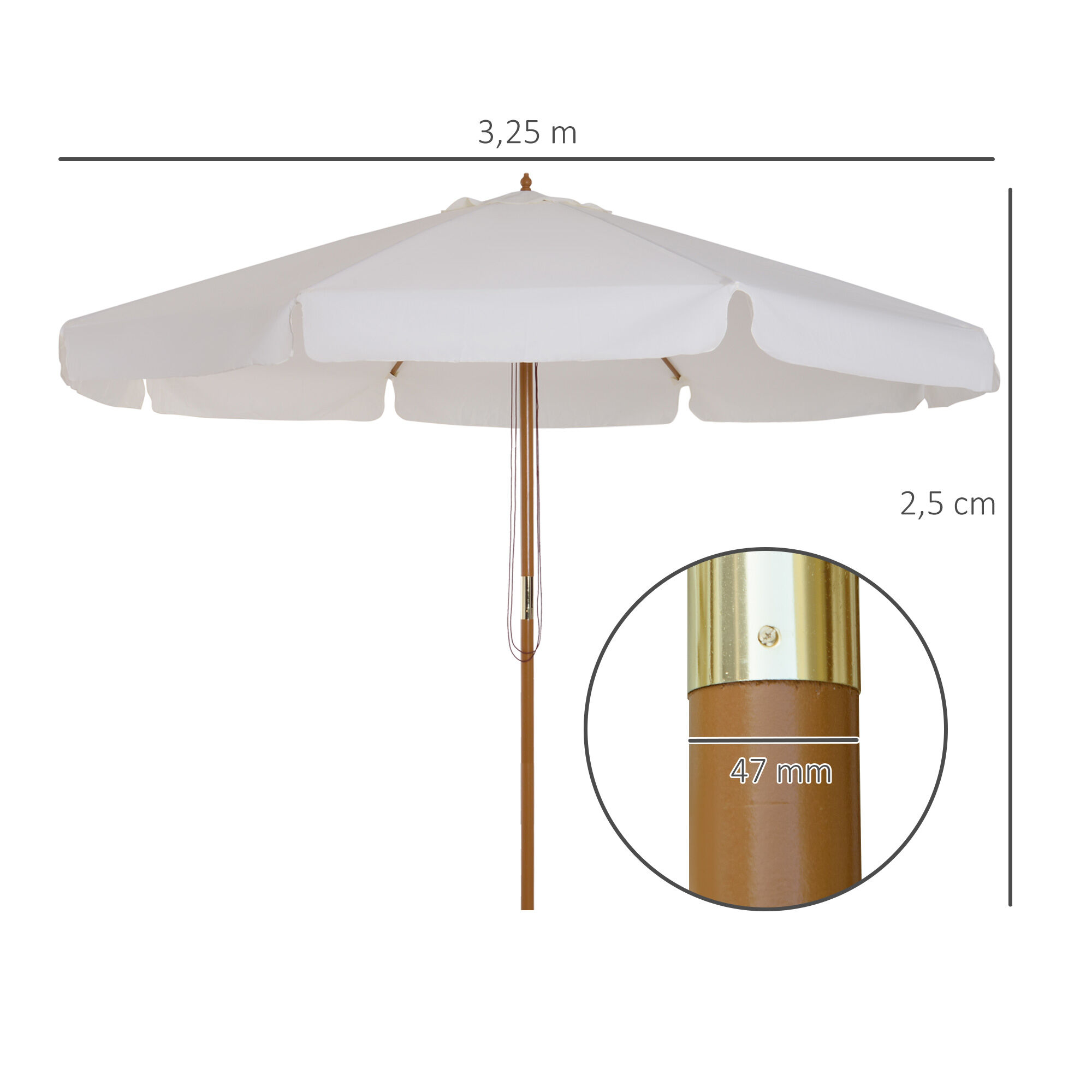 Outsunny Sombrilla de Jard&iacute;n &Oslash;325x250 cm Parasol de Madera con Sistema de Polea Techo de Ventilaci&oacute;n y 8 Varillas de Bamb&uacute; para Terraza Balc&oacute;n Exterior Beige, , large Imagen numero 3
