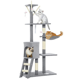 PawHut Árbol Rascador para Gatos Grande, Árbol para Gatos, Altura 134 cm, Torre de Escalada con 6 Postes de Sisal, 3 Plataformas, 1 Cueva, 1 Hamaca, 1 Escalera, 4 Juguetes Colgantes, Gris