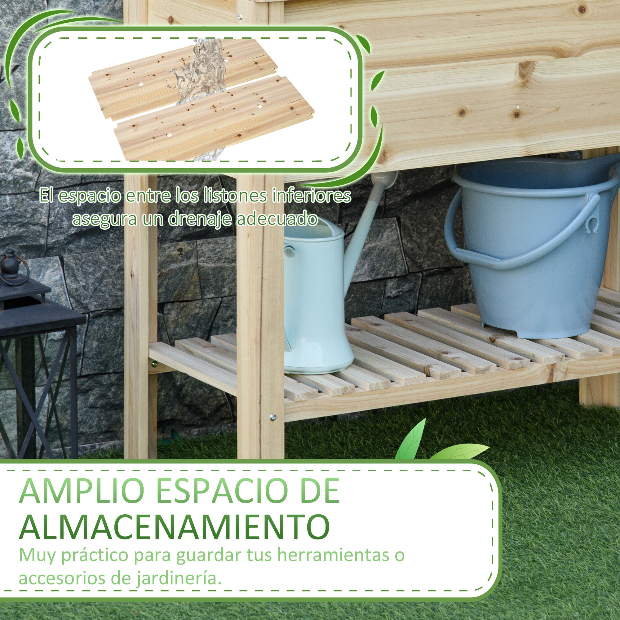 Outsunny Huerto Urbano Elevado de Madera 90x40x81 cm Mesa de Cultivo de Jard&iacute;n con Estante Inferior y 2 Orificios de Drenaje para Cultivos Plantas Flores Natural, , large Imagen numero 5
