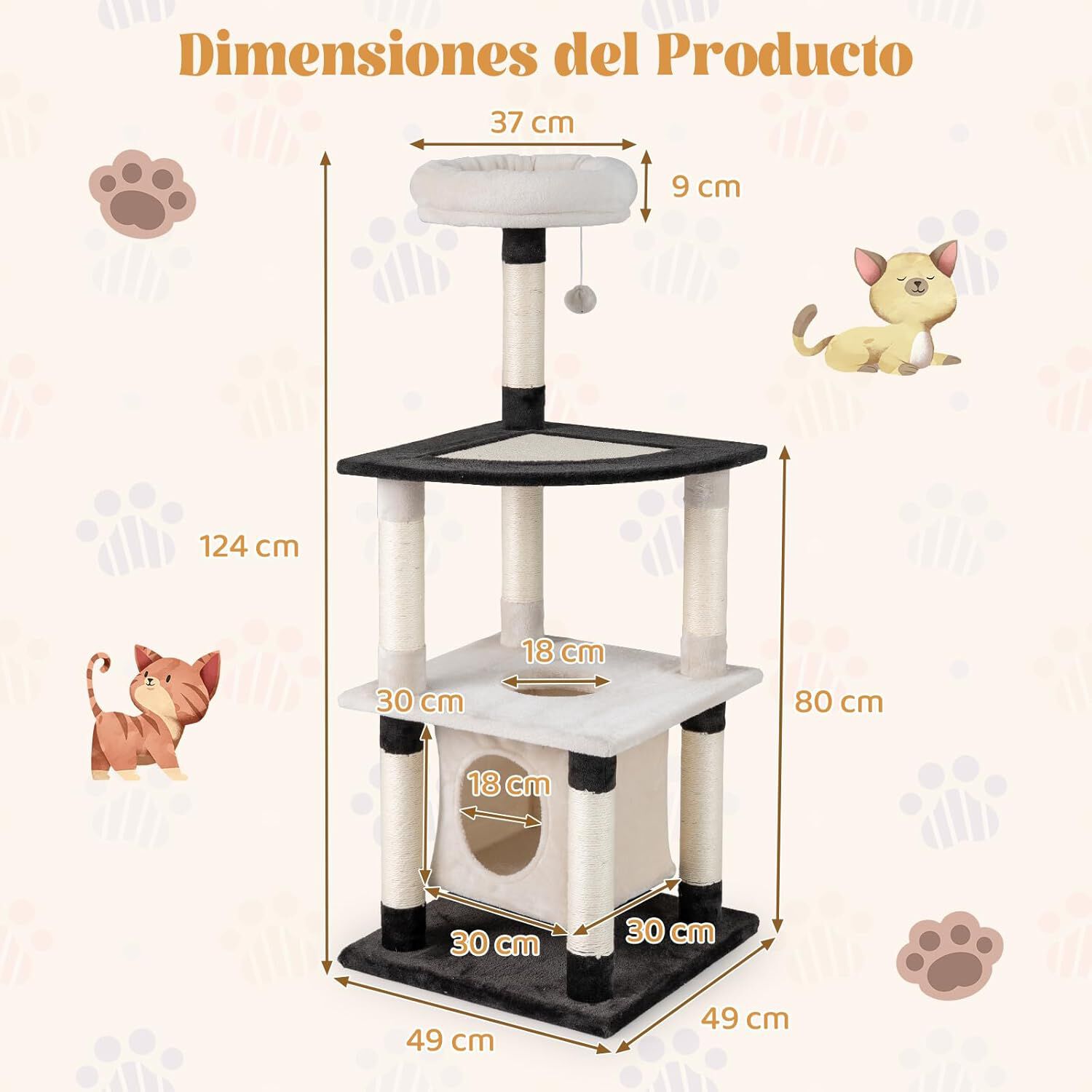 COSTWAY &Aacute;rbol Rascador para Gatos Grande, 122,5 cm Torre Rascador para Gatos con Postes de Rascado de Sisal y Tablero, Plataforma Arqueada, Percha Superior Acolchada, Castillo para Gato, Negro y Beige, , large Imagen numero 5